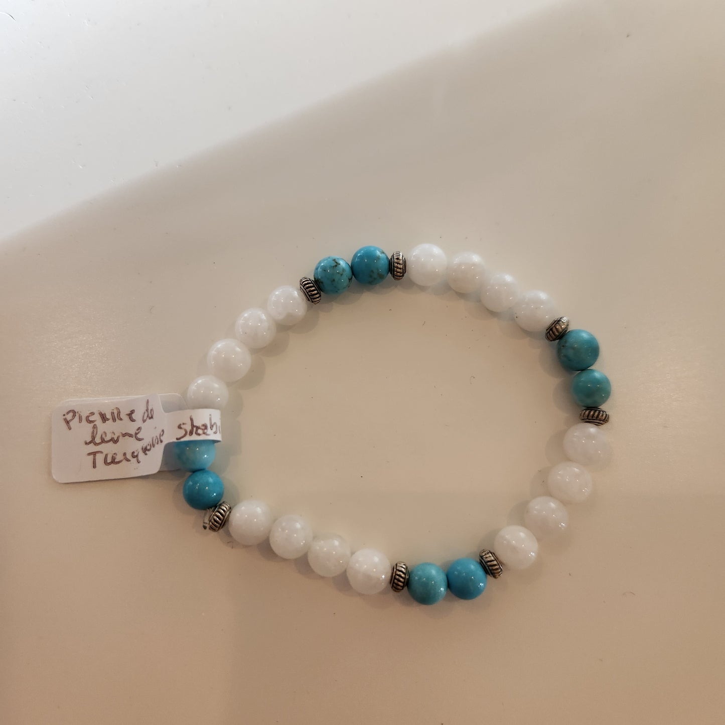 Bracelet pierre de lune et turquoise stabilisée 15-16 cm