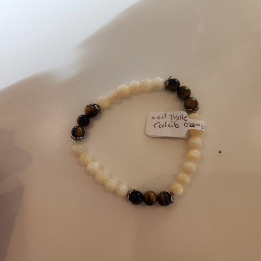 Bracelet calcite orange et œil de tigre 16-17 cm