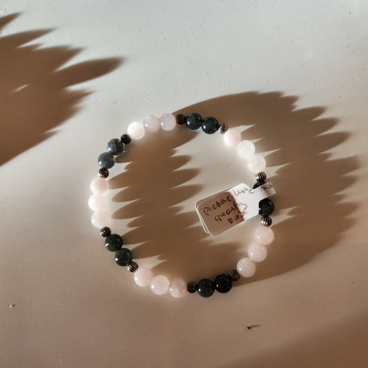 Bracelet pierre de lune noire et quartz rose 15- 16 cm